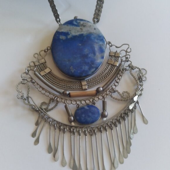 Boho Style Large Stone Lapis Unique Custom Designed Necklace - Picture 2 of 7